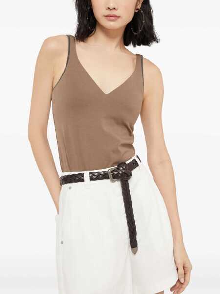 Topuri Brunello Cucinelli Top with embellishments CHOCOLATE Femei (BM 19476203) 5