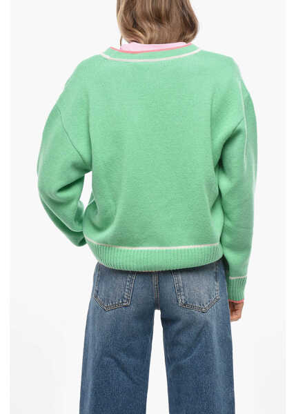 Cardigane MSGM Wool And Cashmere Cardigan With Contrasting Trims Green Femei (BM 19476806) 3