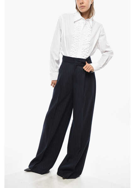 Pantaloni casual SA SU PHI Pinstriped Wool Bogart Palazzo Pants Blue Femei (BM 19476851) 4