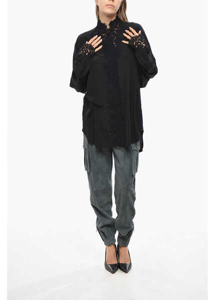 Camasi casual Ermanno Scervino Silk Shirt With Embroidered Collar Black Femei (BM 19476866) 4