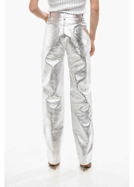 Pantaloni casual MARINE SERRE Gold Line All-Over Engraved Monogram Laminated Leather Pants Silver Femei (BM 19478030) 3