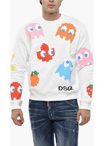 Bluze de trening DSQUARED2 Pac-Man All-Over Monogram Fleeced-Cotton Crew-Neck Sweatshir White Barbati (BM 19485308) 1
