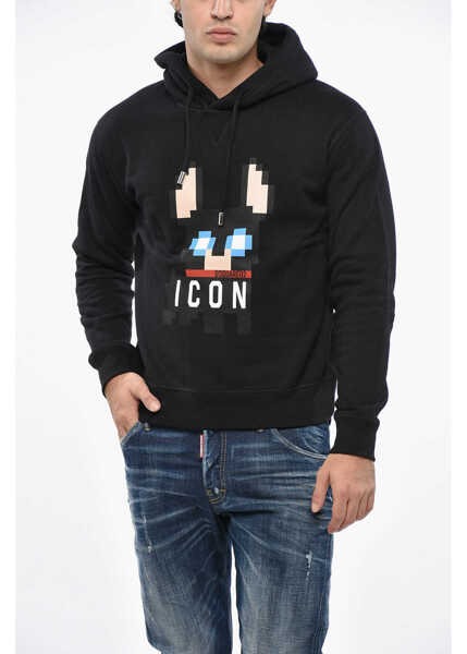 Bluze de trening DSQUARED2 Fleeced Cotton Hoodie With Frontal Logo Black Barbati (BM 19485317) 1