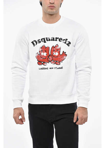 Bluze de trening DSQUARED2 Fleeced-Cotton Crew-Neck Sweatshirt With Maxi Print Frontal White Barbati (BM 19485371) 1