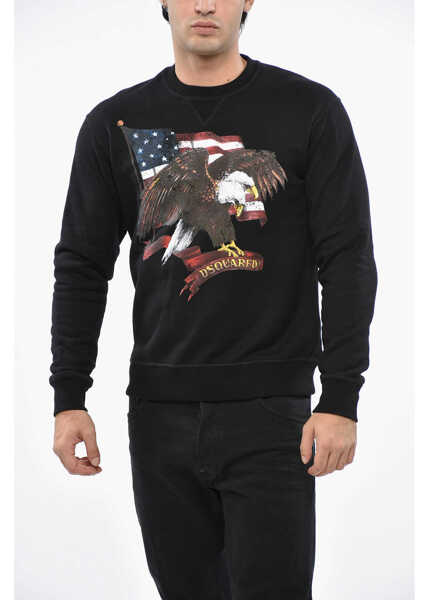 Bluze de trening DSQUARED2 Fleeced-Cotton Crew-Neck Sweatshirt With Maxi Print Frontal Black Barbati (BM 19497497) 1