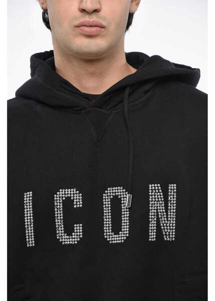 Bluze de trening DSQUARED2 Icon Fleeced-Cotton Hoodie With Rhinestone Monogram Black Barbati (BM 19497890) 3