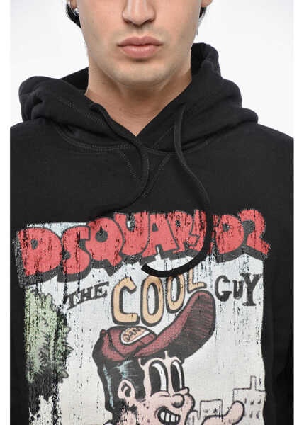 Hanorace DSQUARED2 Fleeced-Cotton Sweatshirt With Maxi Frontal Print Black Barbati (BM 19500293) 3