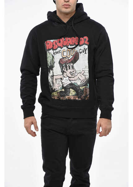 Hanorace DSQUARED2 Fleeced-Cotton Sweatshirt With Maxi Frontal Print Black Barbati (BM 19500293) 1