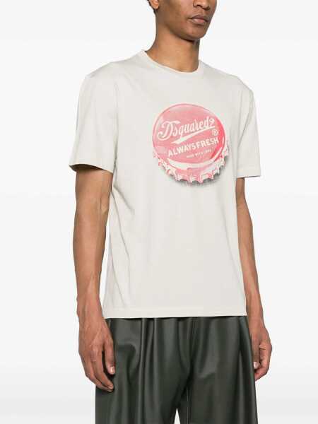 Tricouri DSQUARED2 Cotton Crew-Neck T-Shirt With Print Beige Barbati (BM 19502729) 3