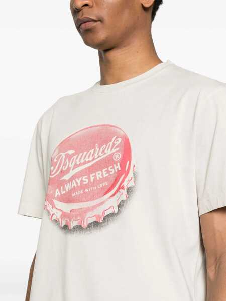 Tricouri DSQUARED2 Cotton Crew-Neck T-Shirt With Print Beige Barbati (BM 19502729) 5