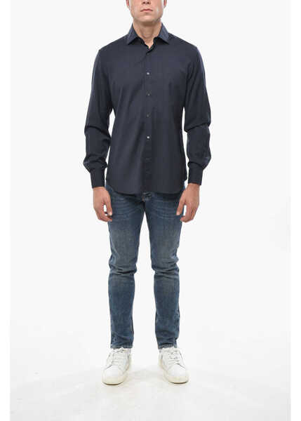 Camasi casual CORNELIANI Solid Color Wool Shirt With Spread Collar Blue Barbati (BM 19502930) 4