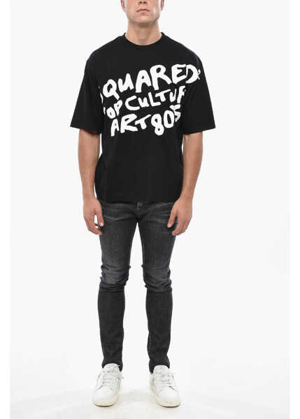 Tricouri DSQUARED2 Cotton Crew-Neck T-Shirt With Contrasting Print Black Barbati (BM 19502948) 4