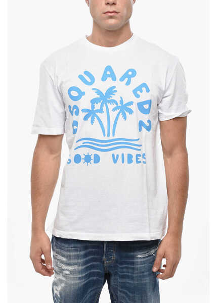 Tricouri DSQUARED2 Maxi Printed Frontal Crew-Neck T-Shirt White Barbati (BM 19503053) 1