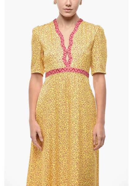 Rochii lungi SALONI Silk Tabitha Flared Dress With Plant Pattern Yellow Femei (BM 19521662) 4