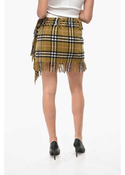 Esarfe Burberry Cashmere Blend Scarf Miniskirt With Tartan Motif And Fringes Military Green Femei (BM 19521725) 2