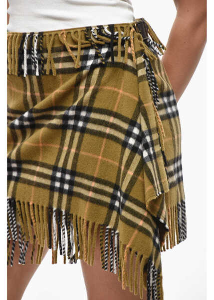 Esarfe Burberry Cashmere Blend Scarf Miniskirt With Tartan Motif And Fringes Military Green Femei (BM 19521725) 3