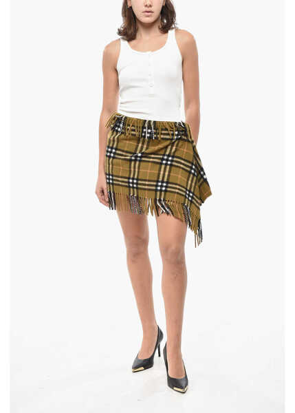 Esarfe Burberry Cashmere Blend Scarf Miniskirt With Tartan Motif And Fringes Military Green Femei (BM 19521725) 4