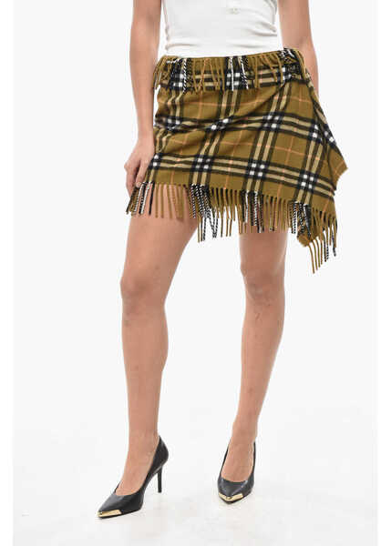 Esarfe Burberry Cashmere Blend Scarf Miniskirt With Tartan Motif And Fringes Military Green Femei (BM 19521725) 1