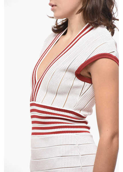 Rochii scurte Balmain V-Neck Bodycon Dress With Contrasting Details White Femei (BM 19521746) 3