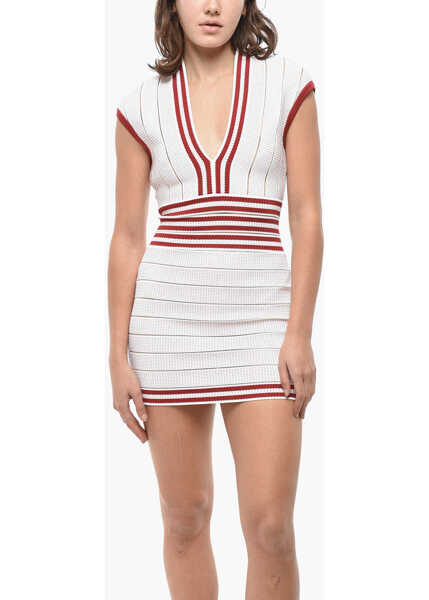Rochii scurte Balmain V-Neck Bodycon Dress With Contrasting Details White Femei (BM 19521746) 4