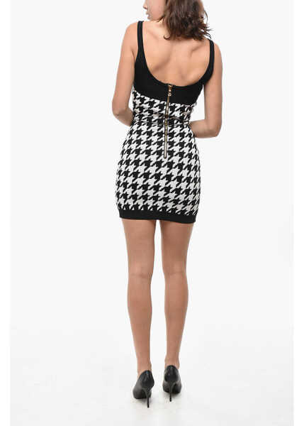Rochii scurte Balmain Houndstooth Motif Two-Tone Dress With Golden Buttons Black & White Femei (BM 19521749) 2