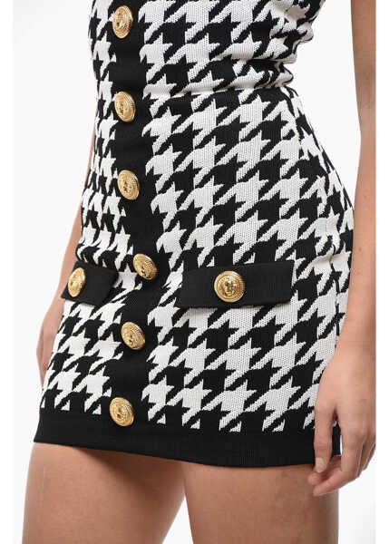 Rochii scurte Balmain Houndstooth Motif Two-Tone Dress With Golden Buttons Black & White Femei (BM 19521749) 3