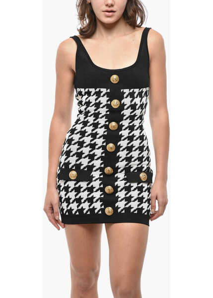 Rochii scurte Balmain Houndstooth Motif Two-Tone Dress With Golden Buttons Black & White Femei (BM 19521749) 4