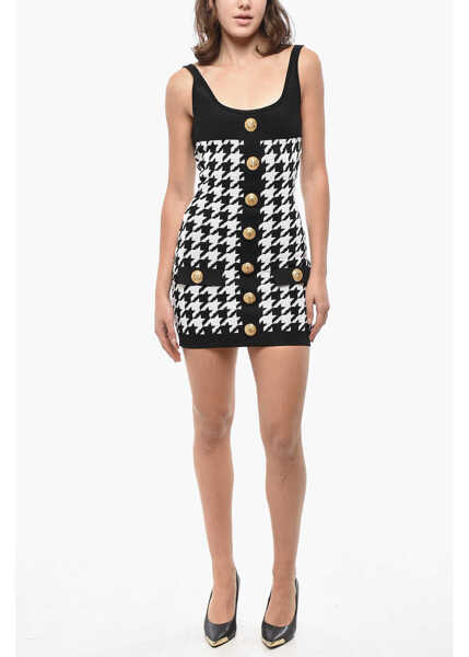 Rochii scurte Balmain Houndstooth Motif Two-Tone Dress With Golden Buttons Black & White Femei (BM 19521749) 1