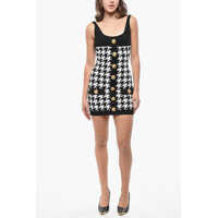 Rochii scurte Houndstooth Motif Two-Tone Dress With Golden Buttons Femei