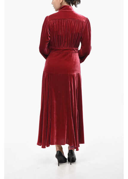 Rochii lungi RAQUEL DINIZ Velour Tie Neck Shirt Dress With Flared Bottom Red Femei (BM 19521752) 2