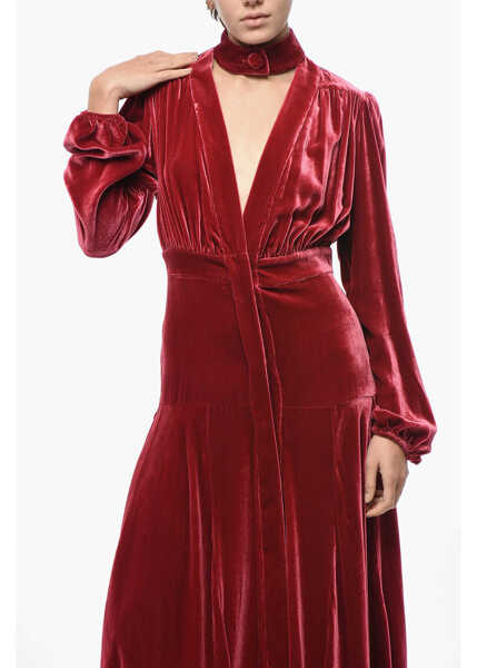 Rochii lungi RAQUEL DINIZ Velour Tie Neck Shirt Dress With Flared Bottom Red Femei (BM 19521752) 4