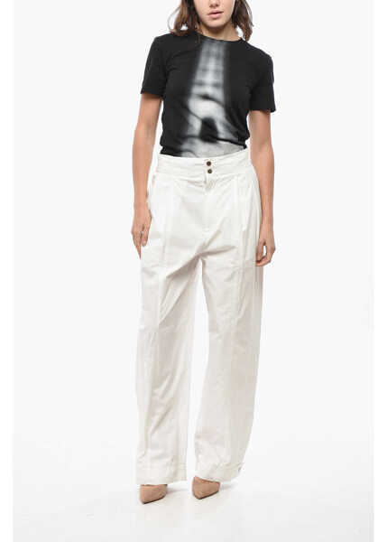 Pantaloni casual Bottega Veneta Double-Pleated Cotton Blend Pants With Cuffs White Femei (BM 19521770) 4