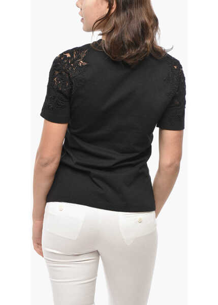 Tricouri Ermanno Scervino Long-Sleeved Cotton T-Shirt With Lace Patches Black Femei (BM 19521995) 2