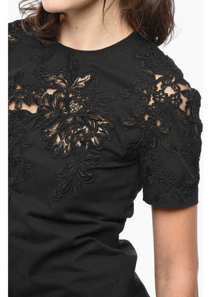 Tricouri Ermanno Scervino Long-Sleeved Cotton T-Shirt With Lace Patches Black Femei (BM 19521995) 3