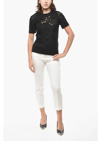 Tricouri Ermanno Scervino Long-Sleeved Cotton T-Shirt With Lace Patches Black Femei (BM 19521995) 4