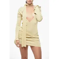 Rochii scurte AYA MUSE Dama - Rochii scurte AYA MUSE V Neck Knitted Dress With Tie Neck Detail Yellow Femei (BM 19521998) - B-mall.ro