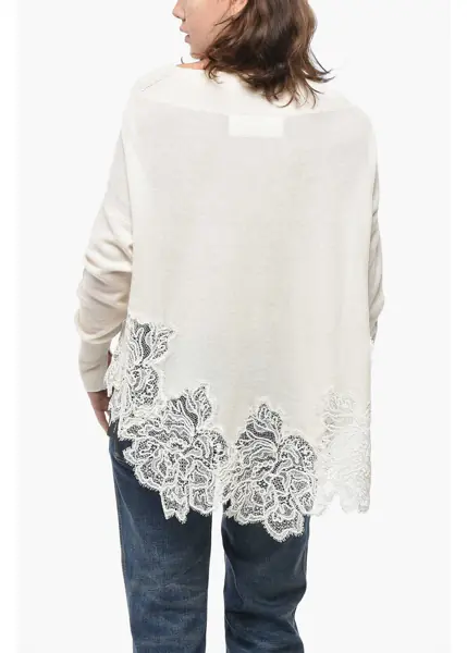 Pulovere Ermanno Scervino Turtleneck Pure Cashmere Sweater With Lace Hem White Femei (BM 19522001) 2