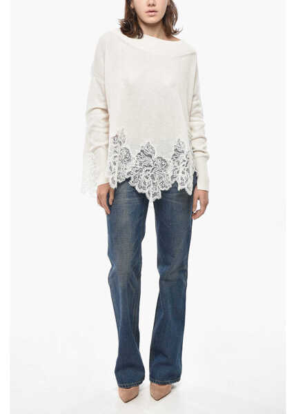 Pulovere Ermanno Scervino Turtleneck Pure Cashmere Sweater With Lace Hem White Femei (BM 19522001) 4