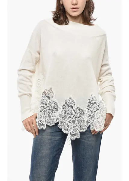 Pulovere Ermanno Scervino Turtleneck Pure Cashmere Sweater With Lace Hem White Femei (BM 19522001) 1