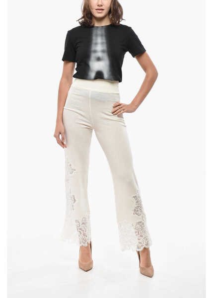 Pantaloni casual Ermanno Scervino Cashmere Palazzo Pants With Lace Bottom White Femei (BM 19522019) 4