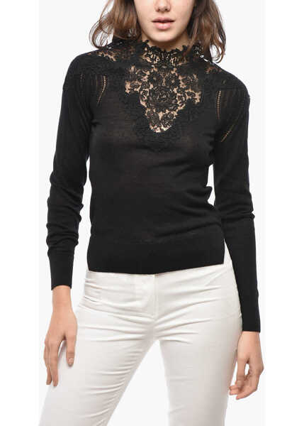 Pulovere Ermanno Scervino Cotton Blend Sweater With Lace Embellishment Black Femei (BM 19522031) 1