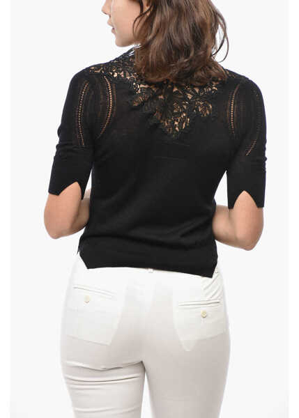 Pulovere Ermanno Scervino Short-Sleeved Cashmere Blend Sweater With Lace Detail Black Femei (BM 19522040) 2