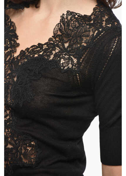 Pulovere Ermanno Scervino Short-Sleeved Cashmere Blend Sweater With Lace Detail Black Femei (BM 19522040) 3