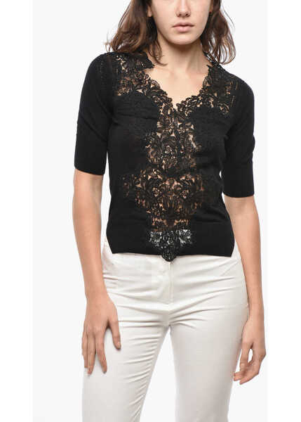 Pulovere Ermanno Scervino Short-Sleeved Cashmere Blend Sweater With Lace Detail Black Femei (BM 19522040) 1