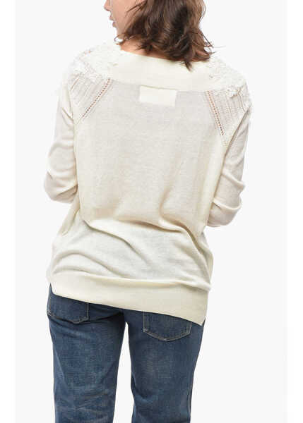 Pulovere Ermanno Scervino Crew Neck Cotton Blend Sweater With Lace Detail White Femei (BM 19522064) 2