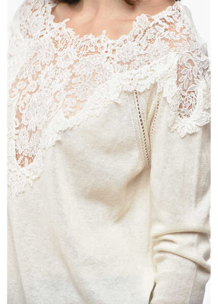 Pulovere Ermanno Scervino Crew Neck Cotton Blend Sweater With Lace Detail White Femei (BM 19522064) 3
