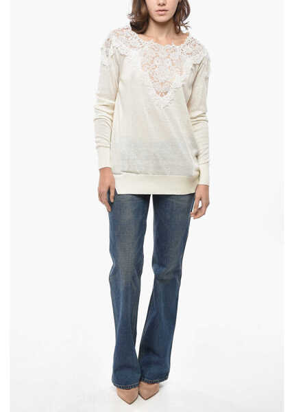 Pulovere Ermanno Scervino Crew Neck Cotton Blend Sweater With Lace Detail White Femei (BM 19522064) 4