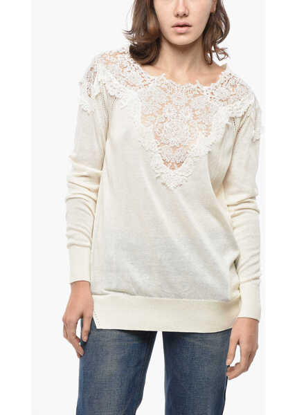 Pulovere Ermanno Scervino Crew Neck Cotton Blend Sweater With Lace Detail White Femei (BM 19522064) 1