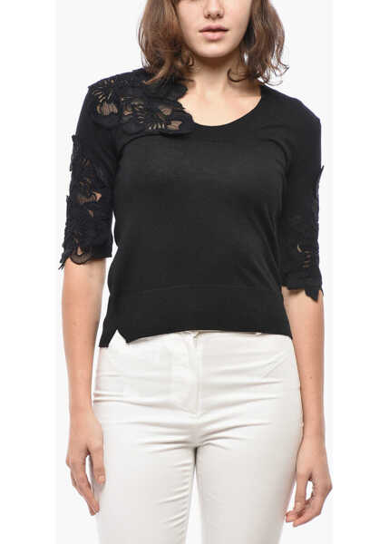 Pulovere Ermanno Scervino Crew Neck Merino Wool Sweater With Lace Details Black Femei (BM 19522133) 1