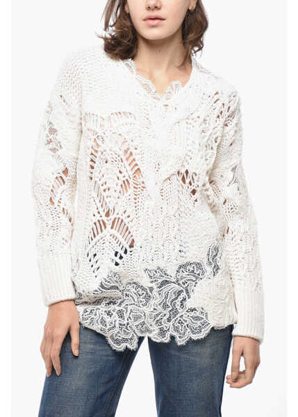 Pulovere Ermanno Scervino Cable Knit Wool Blend Sweater With Lace Details White Femei (BM 19522232) 1